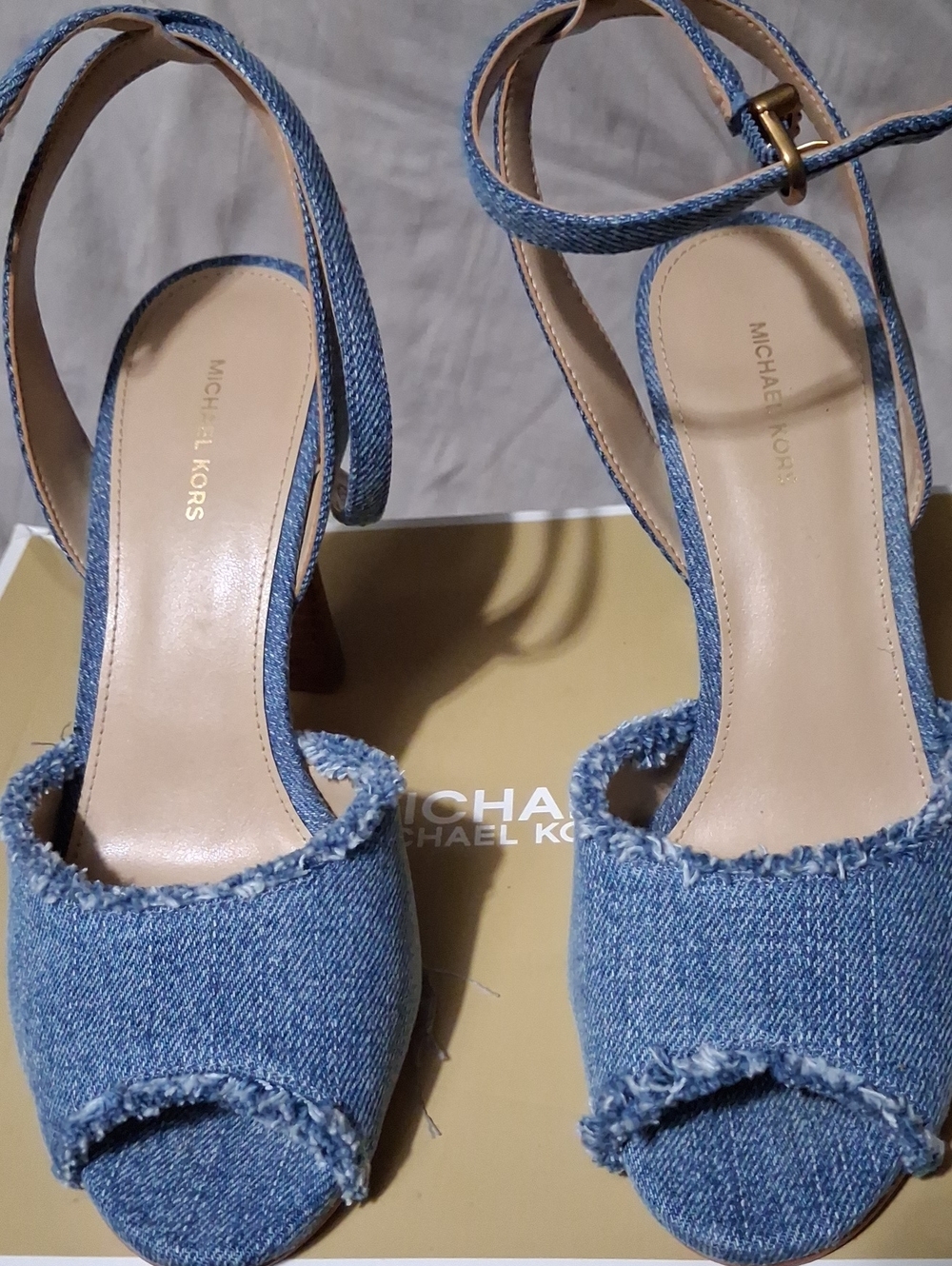 Michael Kors Denim Frayed Open-Toe Ankle-Strap Heels in Blue